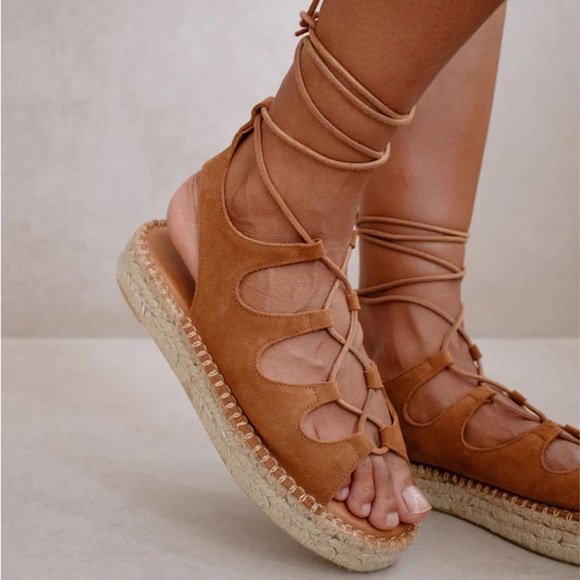 ALOHAS Suede Lace-Up Espadrille Platform Gladiator Sandals – Tan, Size 39 (US 8) - Picture 7 of 9